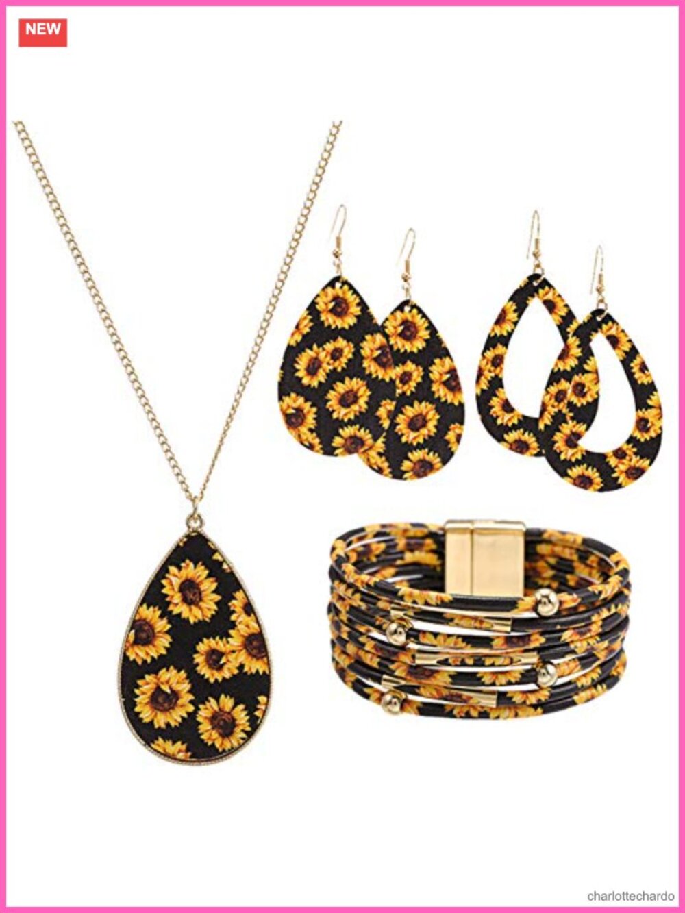 Faux Leather Sunflower Jewelry Set Layered Bracelet Dangle Earrings Necklace